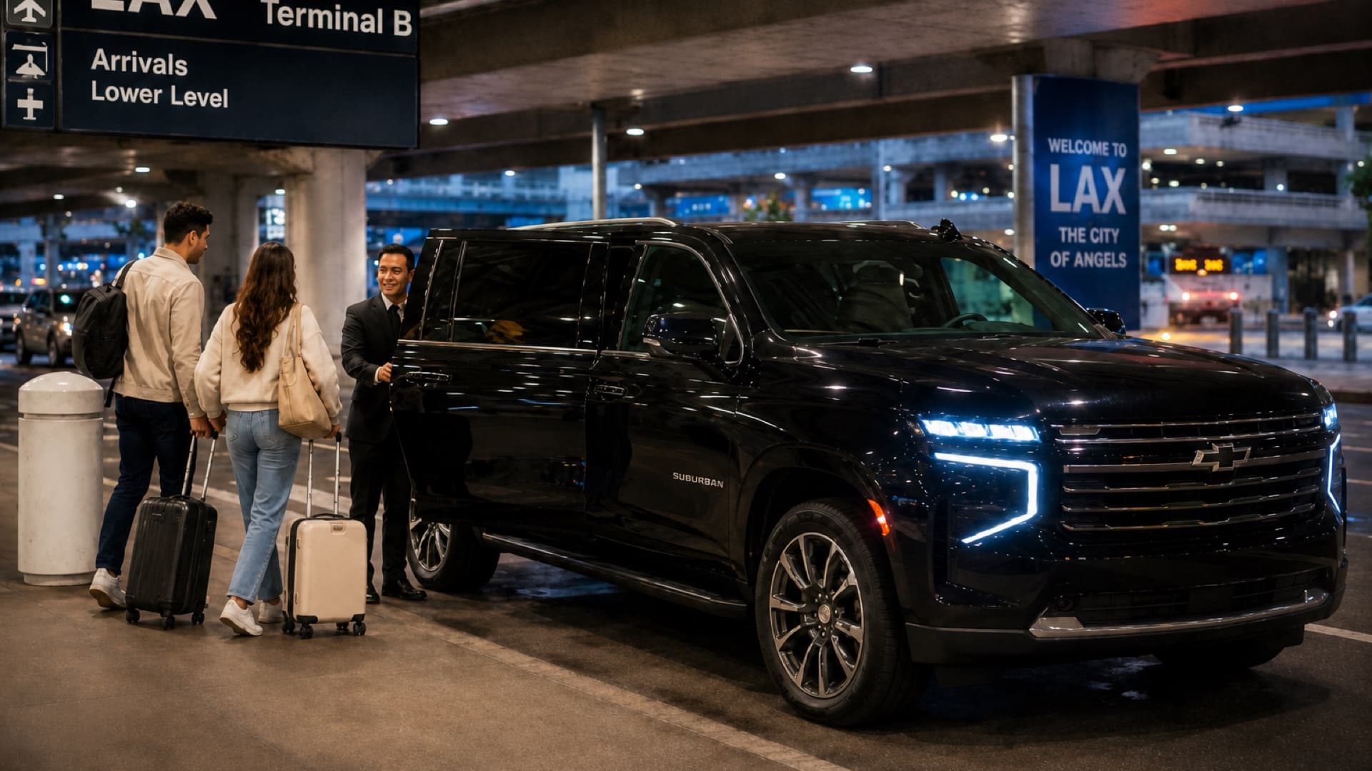 A Movari chauffeur greeting travelers at the airport